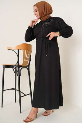 Dantel Broş Detaylı Büyük Beden Elbise Siyah - Thumbnail
