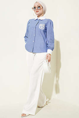 Dantel Cep Figürlü Çizgili Gömlek Saks - Gömlek