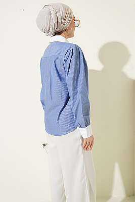 Dantel Cep Figürlü Çizgili Gömlek Saks - Gömlek