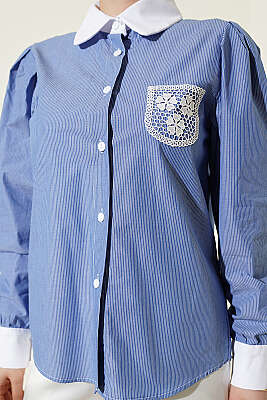 Dantel Cep Figürlü Çizgili Gömlek Saks - Gömlek