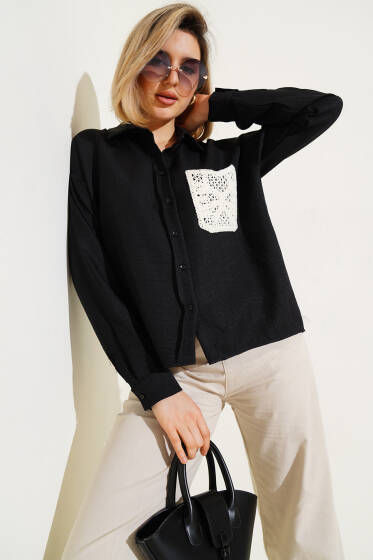 Dantel Cepli Salaş Kısa Gömlek Siyah - Kadın Giyim Modelleri