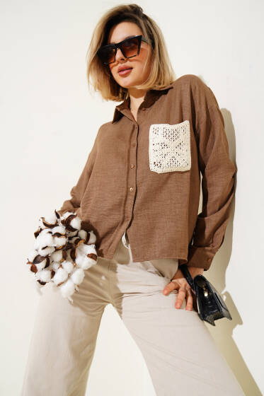 Dantel Cepli Salaş Kısa Gömlek Sütlü Kahve - Kadın Giyim Modelleri