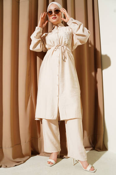 Dantel Cepli Uzun Tunikli İkili Takım Bej - İkili Takım