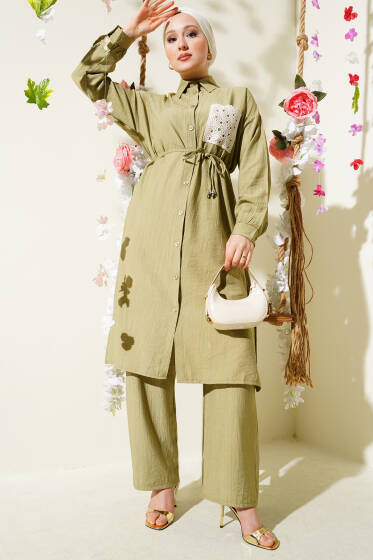 Dantel Cepli Uzun Tunikli İkili Takım Çağla Yeşili - İkili Takım