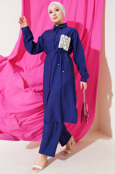 Dantel Cepli Uzun Tunikli İkili Takım Lacivert - İkili Takım