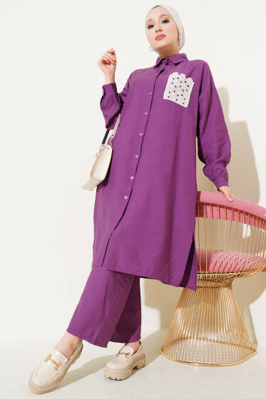 Dantel Cepli Uzun Tunikli İkili Takım Mor - İkili Takım