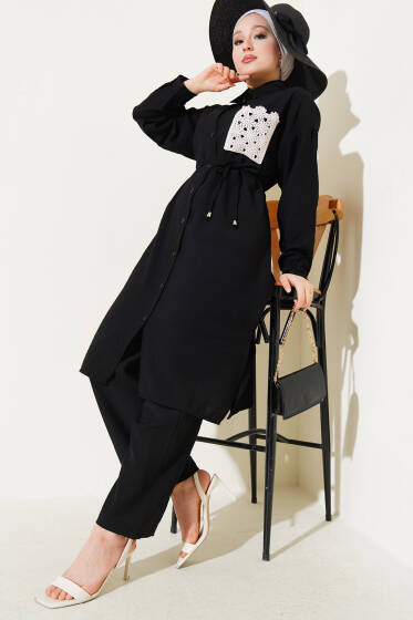 Dantel Cepli Uzun Tunikli İkili Takım Siyah - İkili Takım
