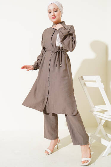 Dantel Cepli Uzun Tunikli İkili Takım Vizon - İkili Takım