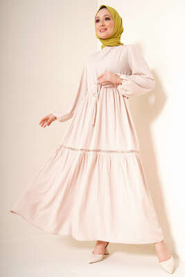 Dantel Detay Keten Elbise Bej - Tesettür Elbise