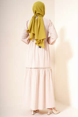 Dantel Detay Keten Elbise Bej - Tesettür Elbise