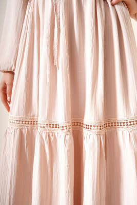 Dantel Detay Keten Elbise Bej - Tesettür Elbise