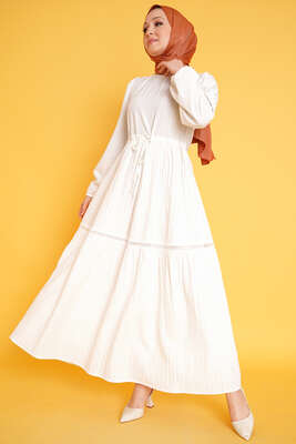 Dantel Detay Keten Elbise Ekru - Tesettür Elbise