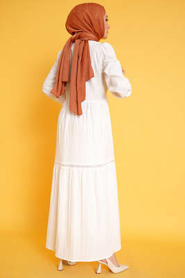 Dantel Detay Keten Elbise Ekru - Tesettür Elbise