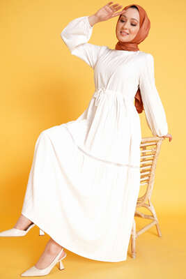 Dantel Detay Keten Elbise Ekru 