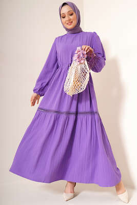 Dantel Detay Keten Elbise Lila 