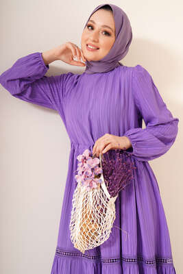 Dantel Detay Keten Elbise Lila - Tesettür Elbise