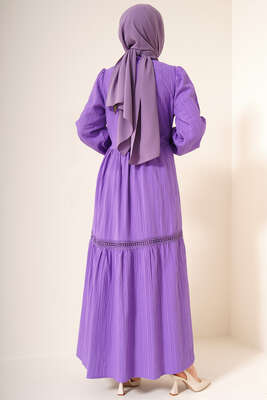 Dantel Detay Keten Elbise Lila - Tesettür Elbise