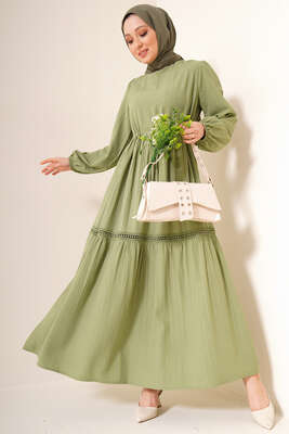 Dantel Detay Keten Elbise Yeşil 