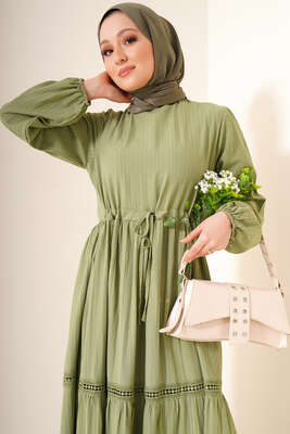 Dantel Detay Keten Elbise Yeşil - Tesettür Elbise