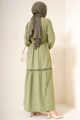 Dantel Detay Keten Elbise Yeşil - Tesettür Elbise