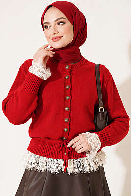 Dantel Detaylı Bağcıklı Triko Hırka Kırmızı - RAFİMİX