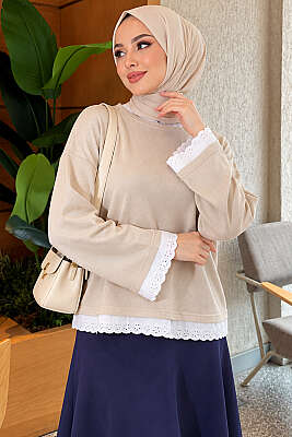 Dantel Detaylı Basic Tunik Bej - SAS