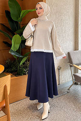 Dantel Detaylı Basic Tunik Bej - Tunik