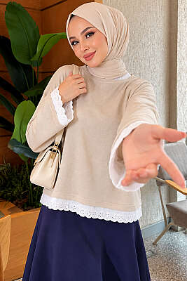 Dantel Detaylı Basic Tunik Bej - Tunik