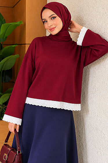 Dantel Detaylı Basic Tunik Bordo - Tunik