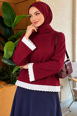 Dantel Detaylı Basic Tunik Bordo - Tunik