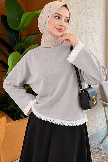 Dantel Detaylı Basic Tunik Gri - Tunik