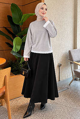 Dantel Detaylı Basic Tunik Gri - Tunik