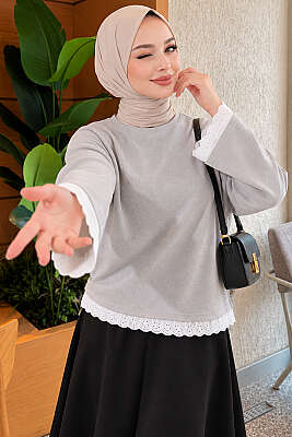 Dantel Detaylı Basic Tunik Gri - Tunik