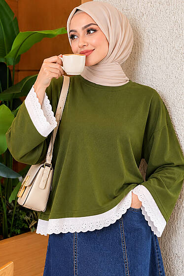 Dantel Detaylı Basic Tunik Haki - Tunik