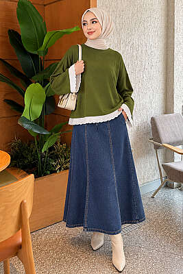 Dantel Detaylı Basic Tunik Haki - Tunik