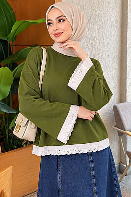 Dantel Detaylı Basic Tunik Haki - Tunik