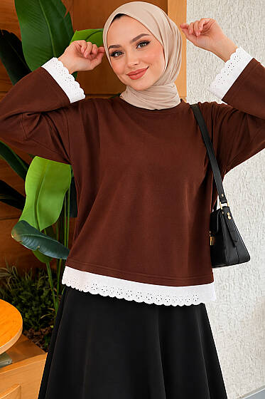 Dantel Detaylı Basic Tunik Kahve - Tunik