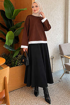 Dantel Detaylı Basic Tunik Kahve - Tunik