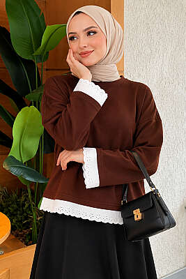 Dantel Detaylı Basic Tunik Kahve - Tunik