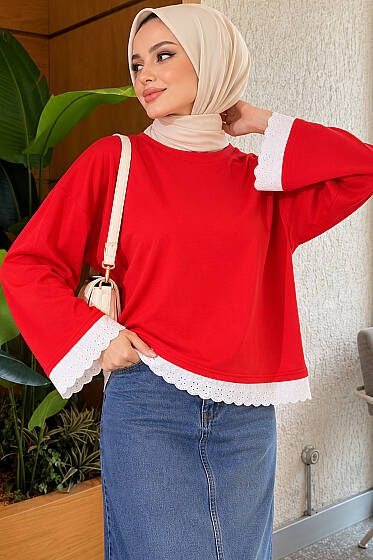 Dantel Detaylı Basic Tunik Kırmızı - Tunik
