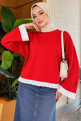Dantel Detaylı Basic Tunik Kırmızı - Tunik