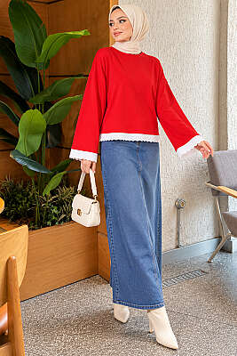 Dantel Detaylı Basic Tunik Kırmızı - Tunik
