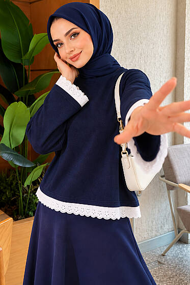 Dantel Detaylı Basic Tunik Lacivert - Tunik
