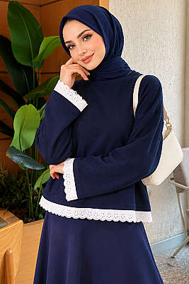 Dantel Detaylı Basic Tunik Lacivert - Tunik