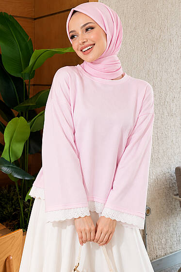 Dantel Detaylı Basic Tunik Pembe - Tunik