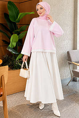 Dantel Detaylı Basic Tunik Pembe - Tunik
