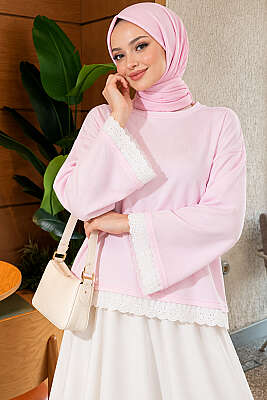 Dantel Detaylı Basic Tunik Pembe - Tunik
