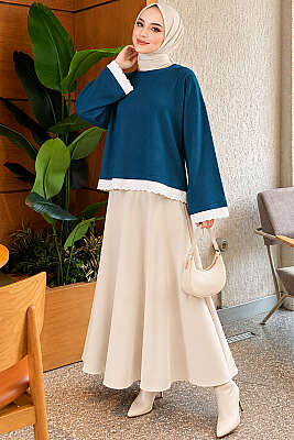 Dantel Detaylı Basic Tunik Petrol - Tunik