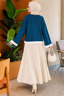 Dantel Detaylı Basic Tunik Petrol - Tunik