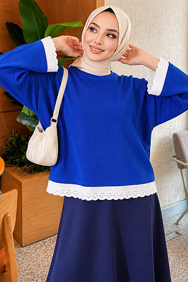 Dantel Detaylı Basic Tunik Saks - Tunik